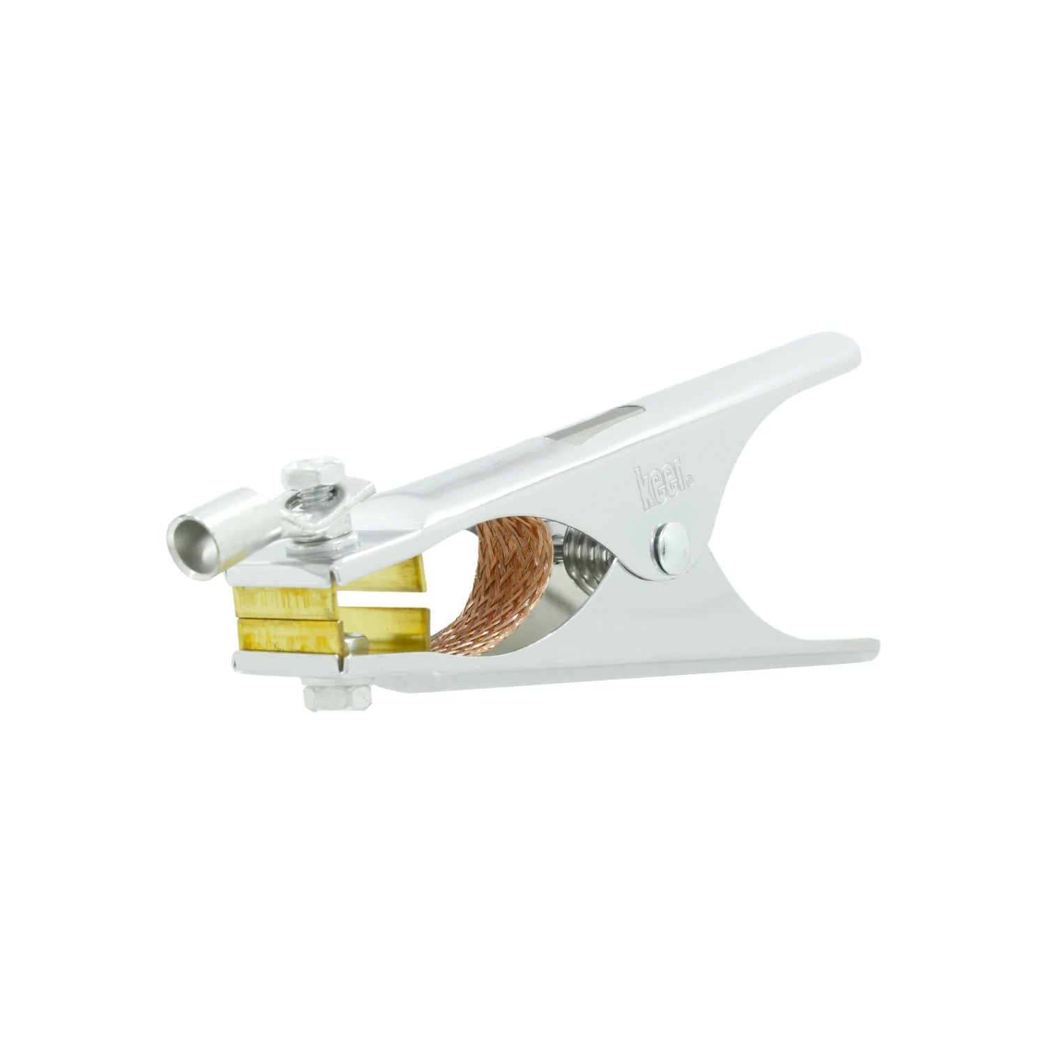 Pinza para tierra Keer plateada de 300 amperios con contactos de latón y cable de cobre trenzado para soldadura.