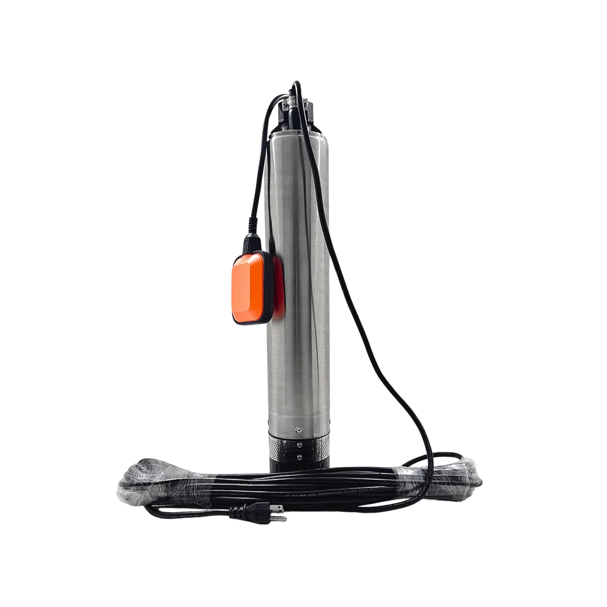 Bomba sumergible cilíndrica de acero inoxidable con interruptor flotador naranja y cable eléctrico.