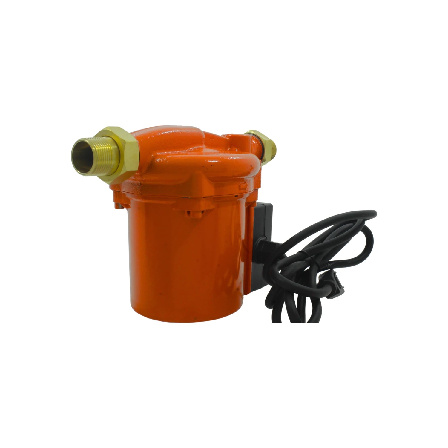 Bomba presurizadora de agua naranja con conexiones de latón y cable eléctrico, ideal para aumentar la presión en el hogar.