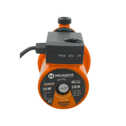 Presurizador de agua Munich BP-2712 naranja 1/3 HP para 2 servicios, flujo máximo 45 L/min