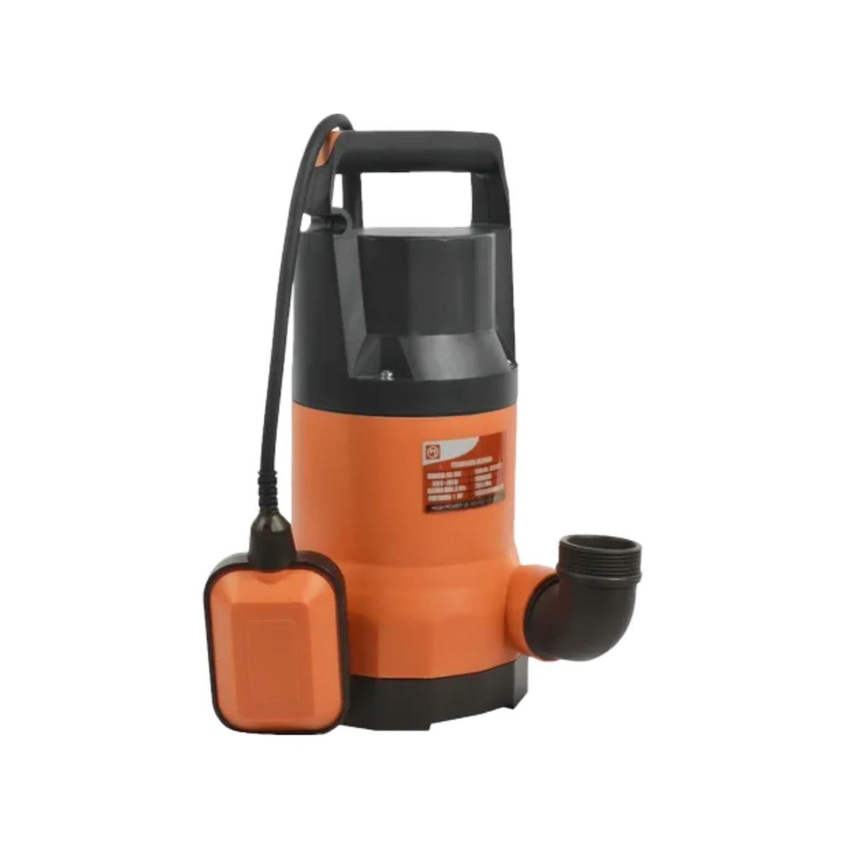 Bomba sumergible naranja y negra para agua limpia con flotador automático, ideal para drenaje