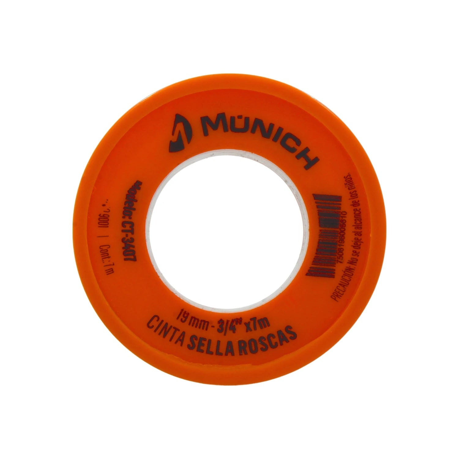 Cinta de teflón para sellar roscas Munich CT-3407 naranja 3/4 pulg x 7m