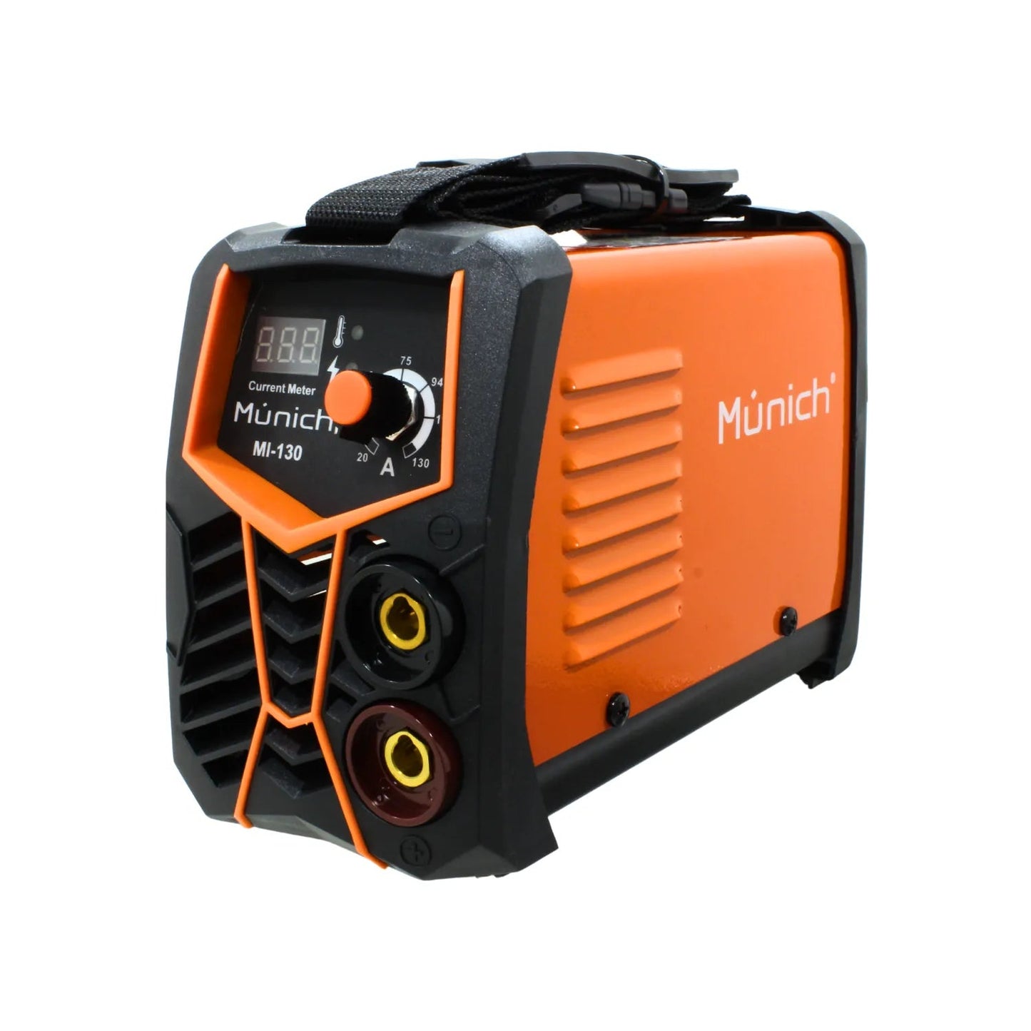 Soldadora inversora Múnich MI-130 naranja y negra 130A con display digital y regulador de corriente