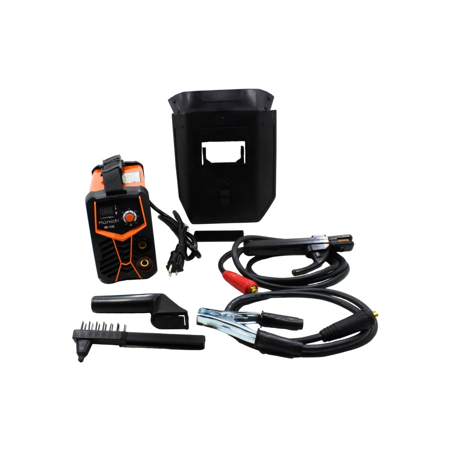 Soldadora inversora Múnich MI-130 naranja/negra con careta de protección, porta electrodo y pinza de tierra.