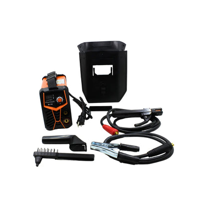 Soldadora inversora Múnich MI-130 naranja/negra con careta de protección, porta electrodo y pinza de tierra.