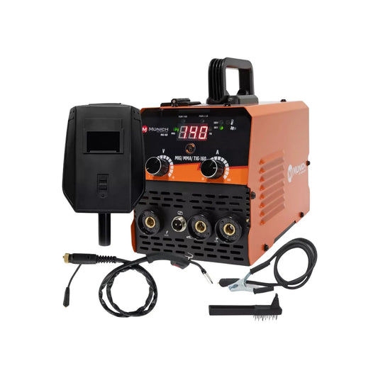 Soldadora inversora MÜNICH MIG-160 160A para MIG/MMA/TIG, naranja con careta y accesorios de soldadura