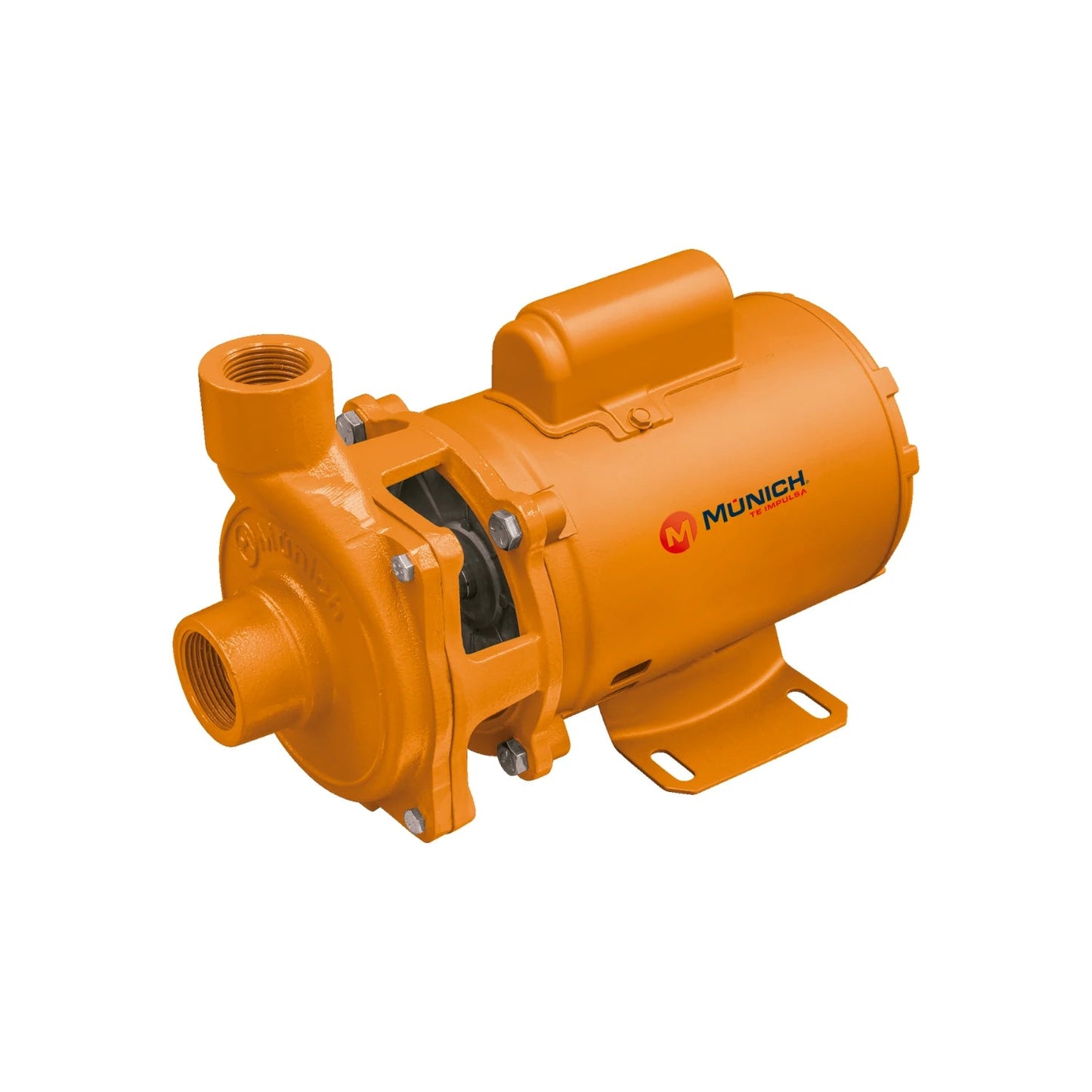 Bomba centrífuga de agua Munich naranja, para transferencia de líquidos, con motor integrado y base de montaje.