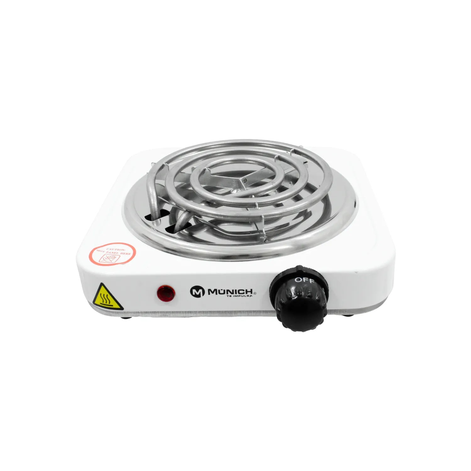 Plancha eléctrica portátil Münich blanca, un quemador de espiral con regulador de temperatura y luz indicadora.