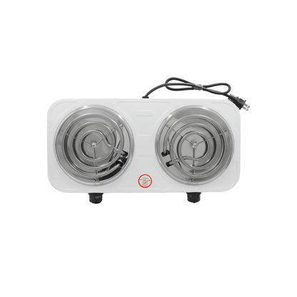 Hornilla eléctrica portátil doble quemador blanca, superficie con elementos calefactores de espiral y perillas de control
