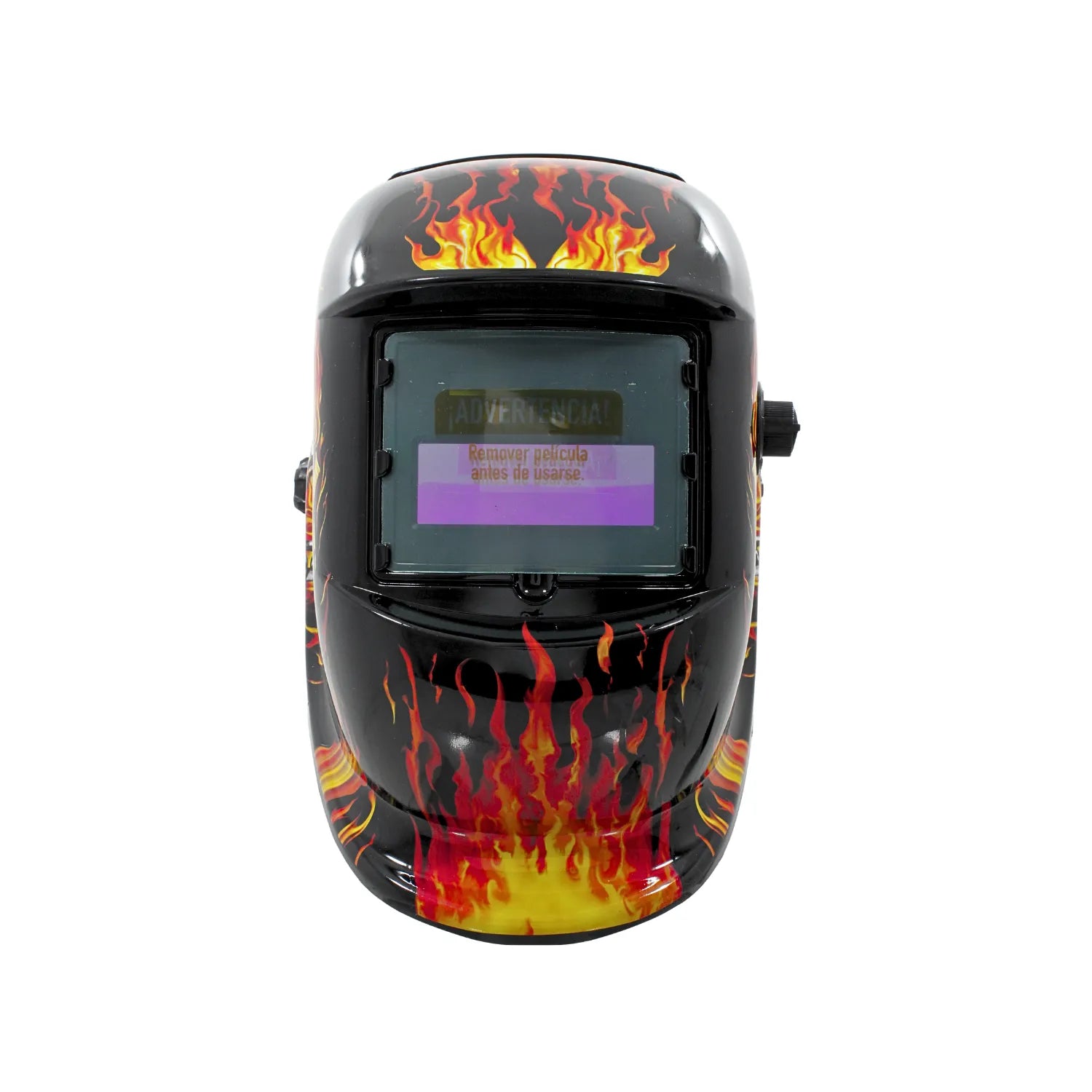 Careta de soldar fotosensible diseño llamas negras y rojas con filtro automático para protección en soldadura