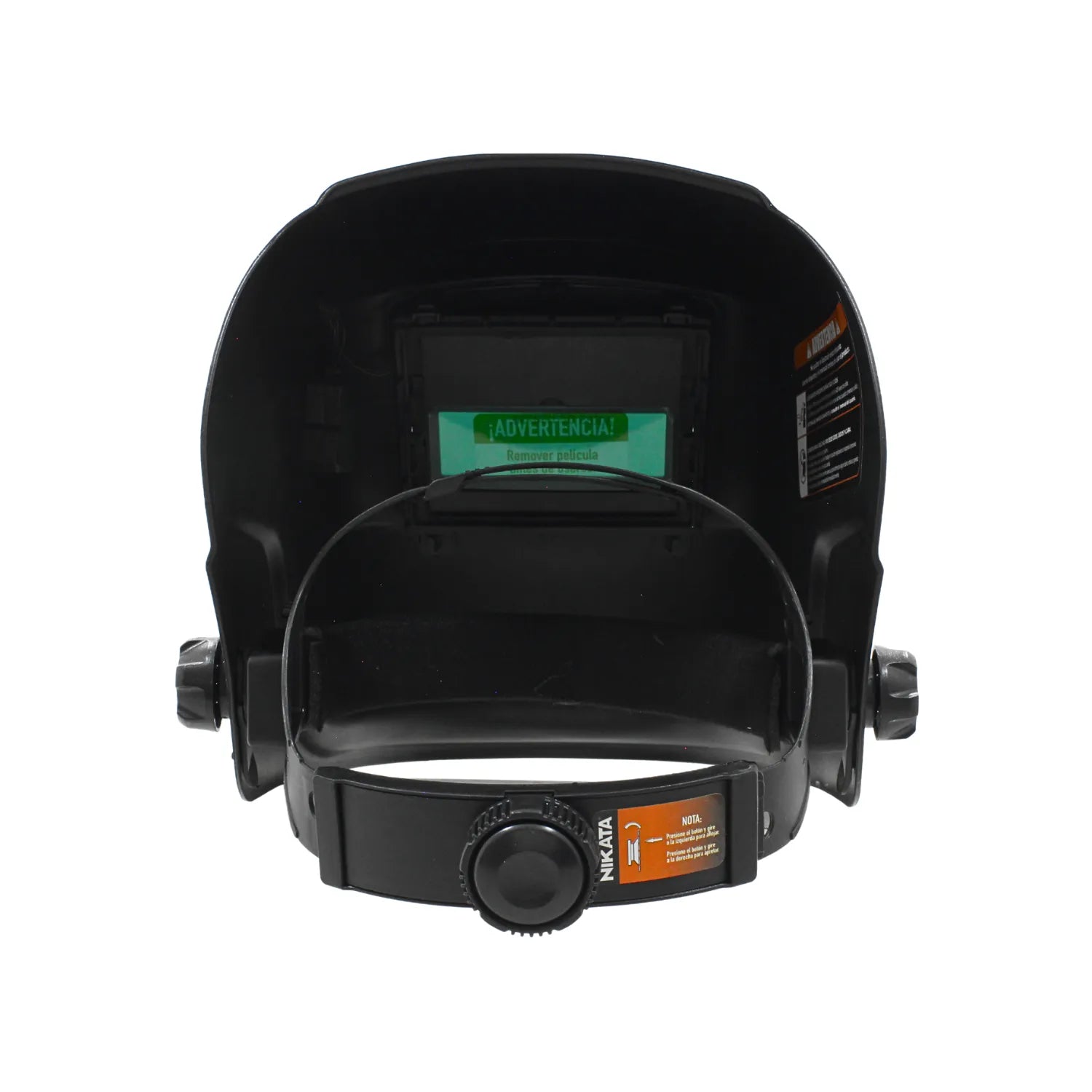 Careta para soldar Nikata negra vista interior con arnés ajustable y visor protector para protección industrial.