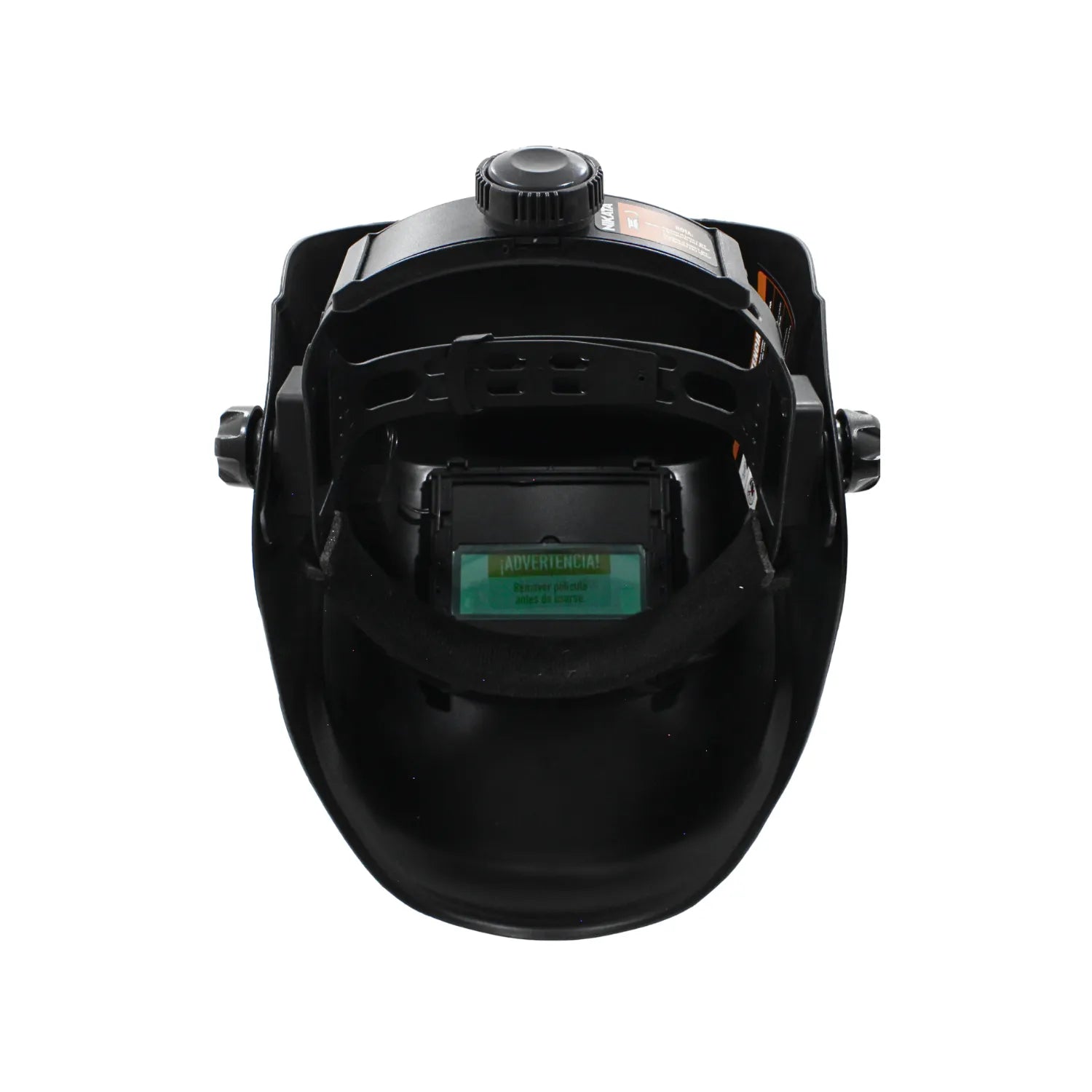 Vista interior de careta para soldar Nikata con arnés ajustable, banda para sudor y perilla de ajuste ergonómica.