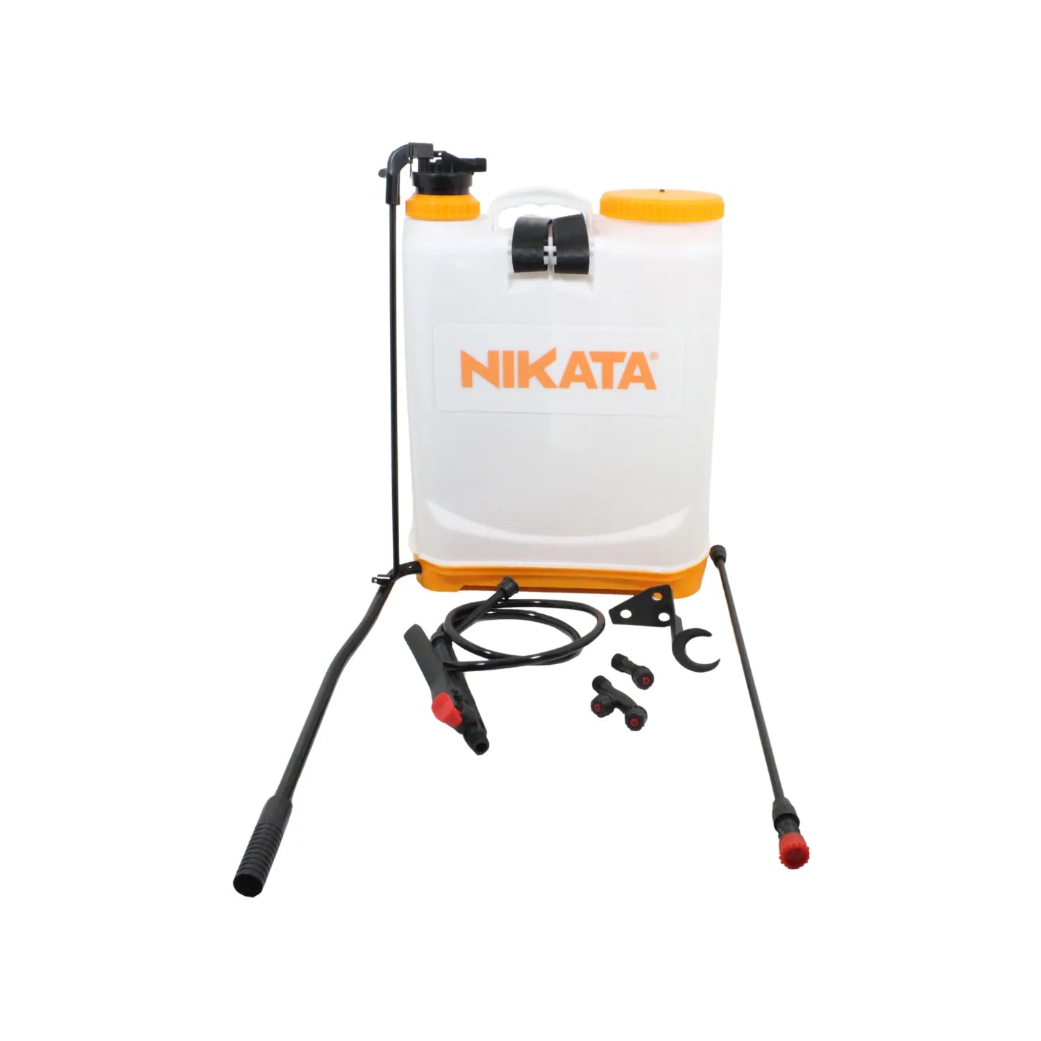 Mochila pulverizadora agrícola Nikata blanca y naranja con lanza de presión, manguera y boquillas de repuesto para jardín
