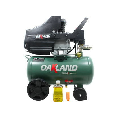 Compresor de aire Oakland verde portátil con ruedas, motor eléctrico y aceite lubricante para herramientas neumáticas.