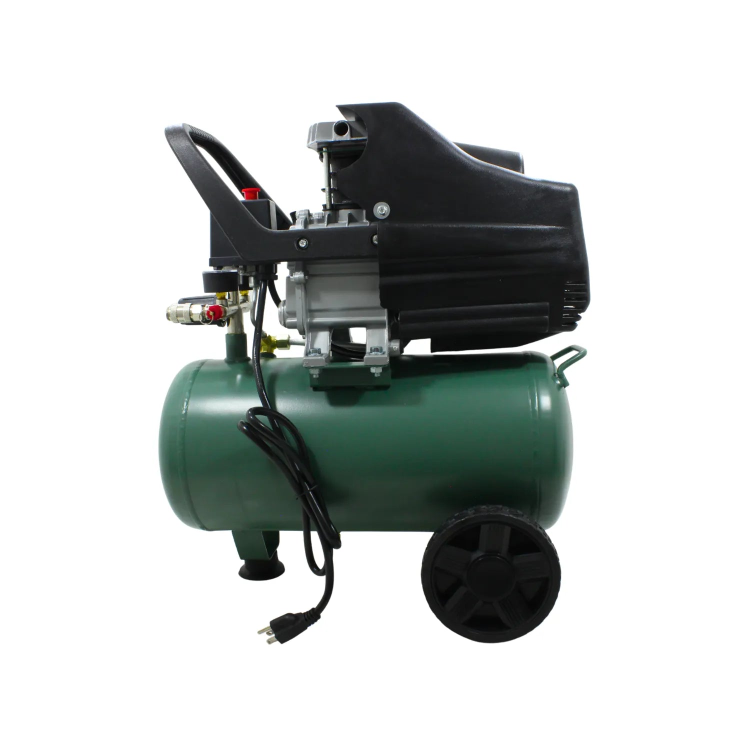 Compresor de aire portátil tanque verde con motor eléctrico ruedas y manija para taller o reparaciones domésticas