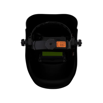 Careta para soldar automática negra, vista interior con arnés ajustable y visor fotosensible.
