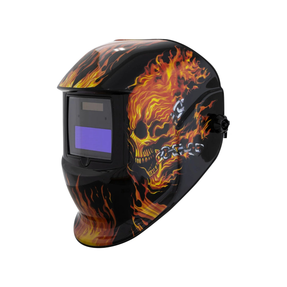 Careta para soldar automática negra con diseño de flamas naranjas, calavera y cadenas para protección profesional.