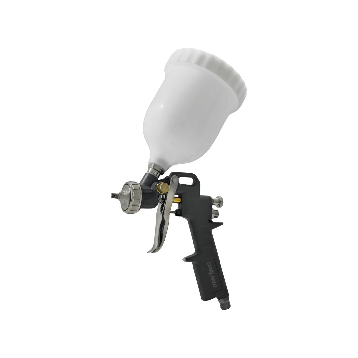 Pistola para pintar de gravedad OAKLAND, cuerpo oscuro y copa blanca superior, ideal para acabados uniformes