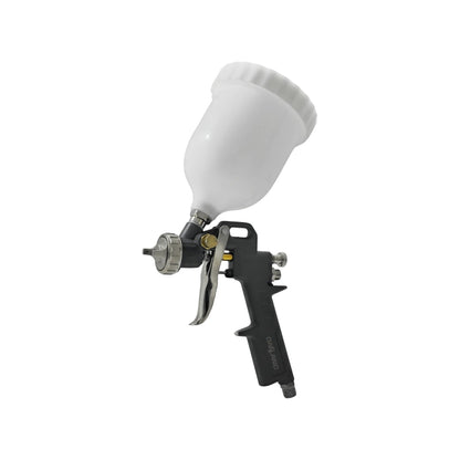 Pistola para pintar de gravedad OAKLAND, cuerpo oscuro y copa blanca superior, ideal para acabados uniformes