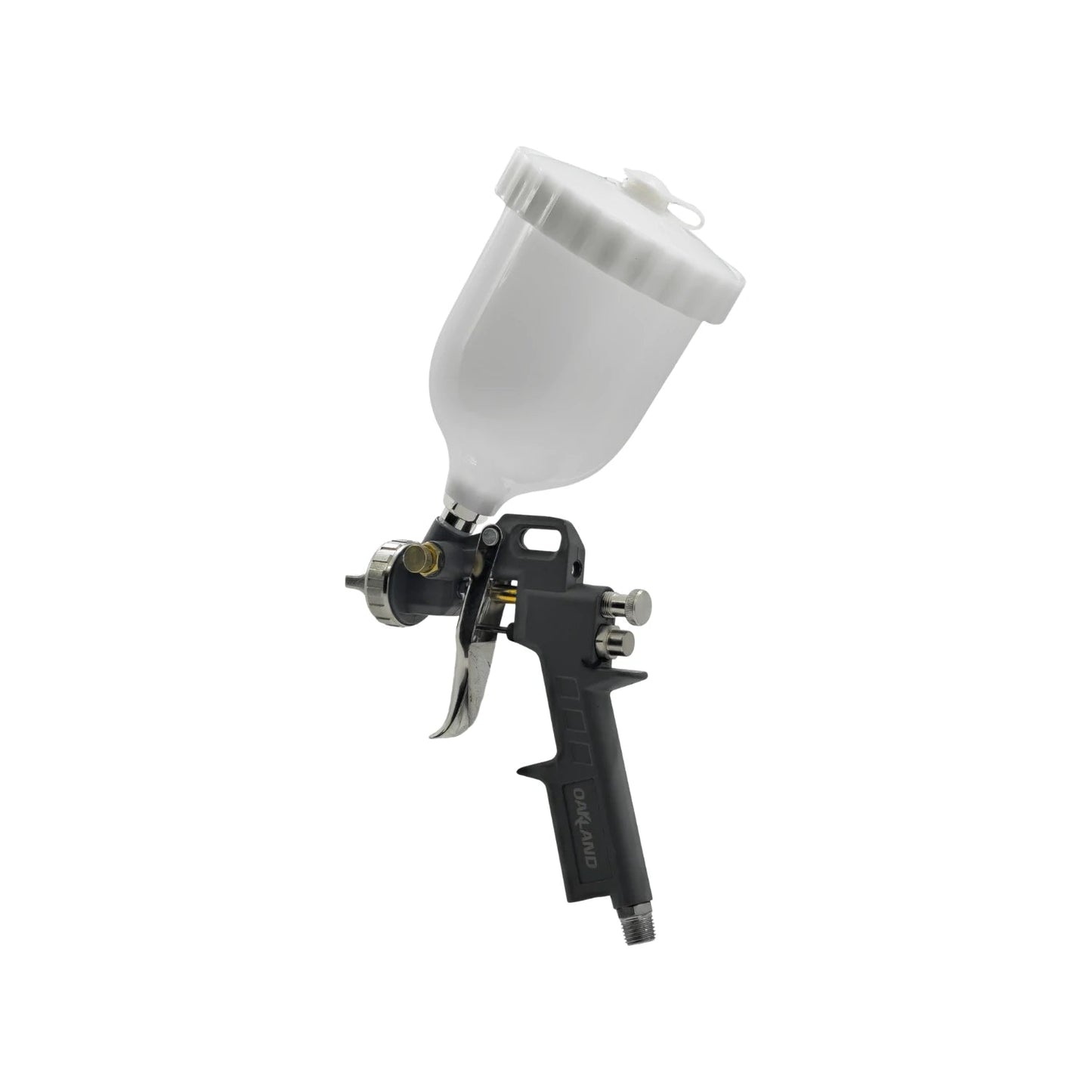 Pistola para pintar de gravedad Oakland negra con copa blanca, ideal para acabados finos y profesionales.