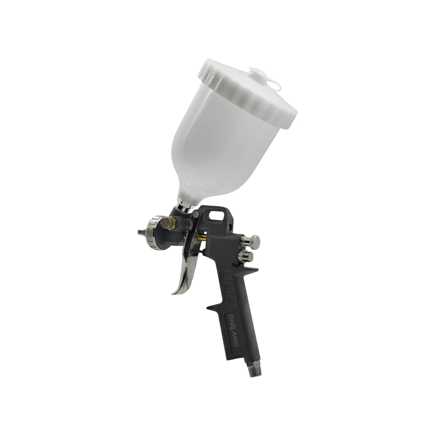 Pistola para pintar de gravedad Oakland negra con copa blanca, ideal para acabados finos y profesionales.