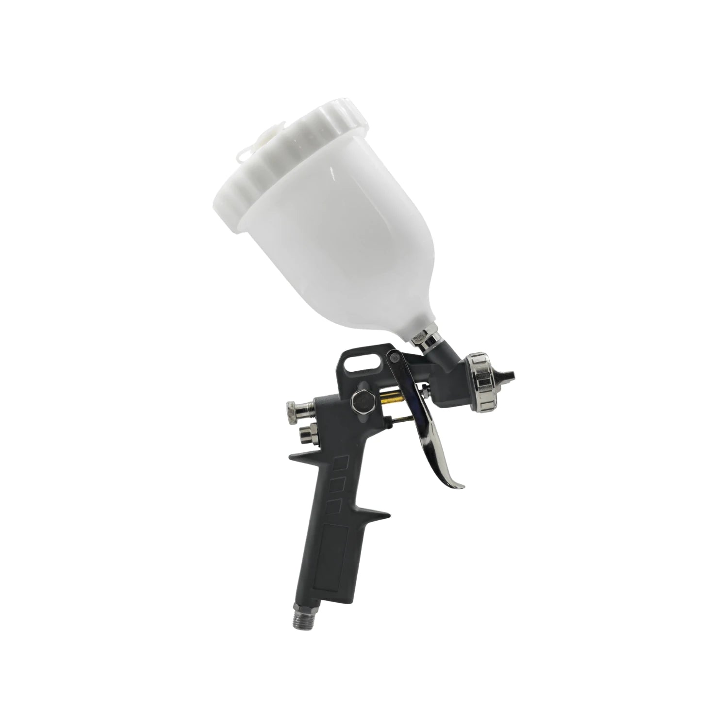 Pistola para pintar de gravedad gris con vaso superior blanco, herramienta profesional para acabados finos