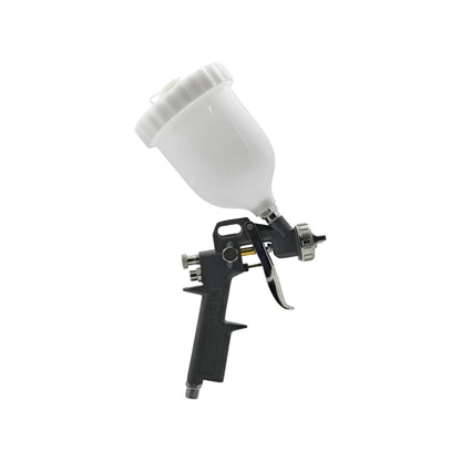 Pistola para pintar de gravedad gris con vaso superior blanco, herramienta profesional para acabados finos