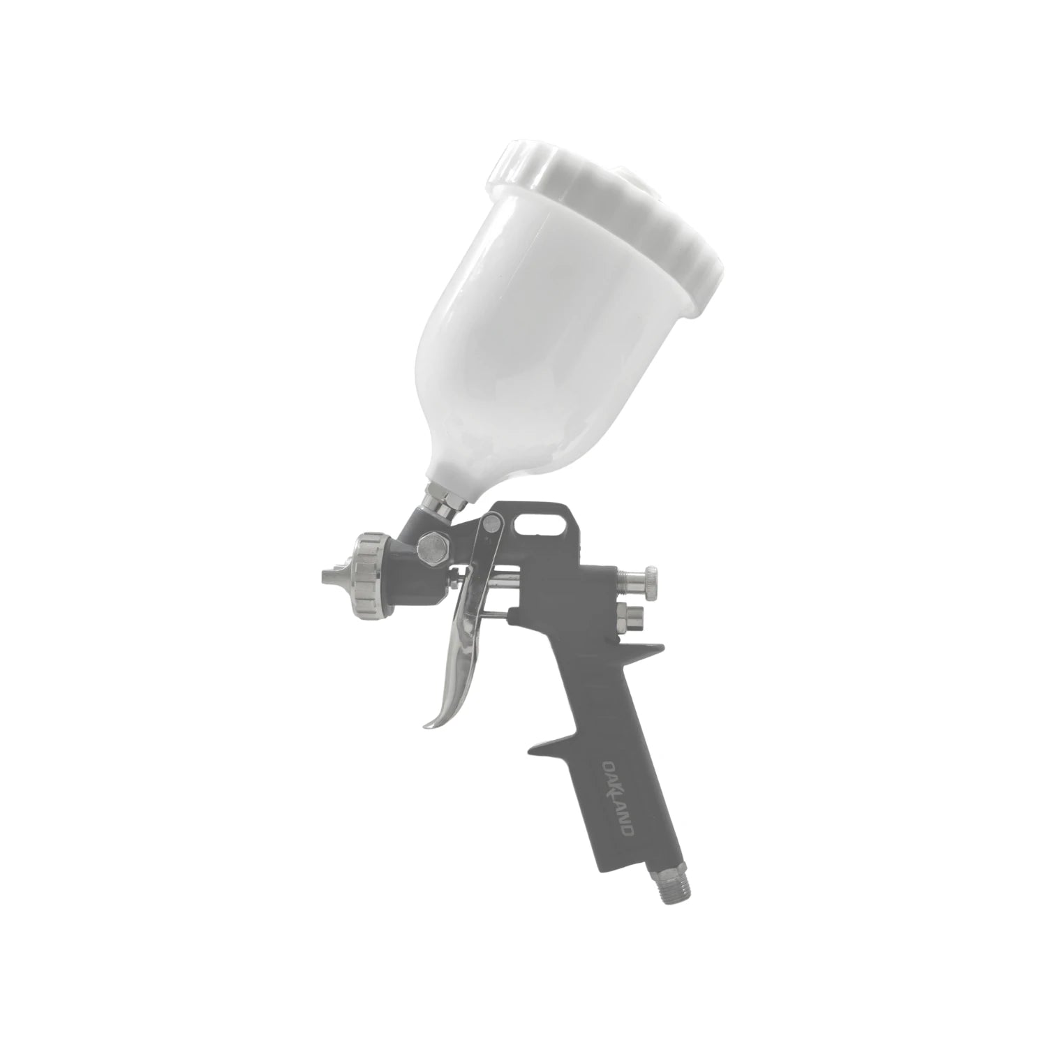 Pistola para pintar de gravedad Oakland gris, vaso blanco superior, para pulverización fina.