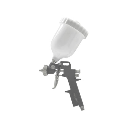 Pistola para pintar de gravedad Oakland gris, vaso blanco superior, para pulverización fina.