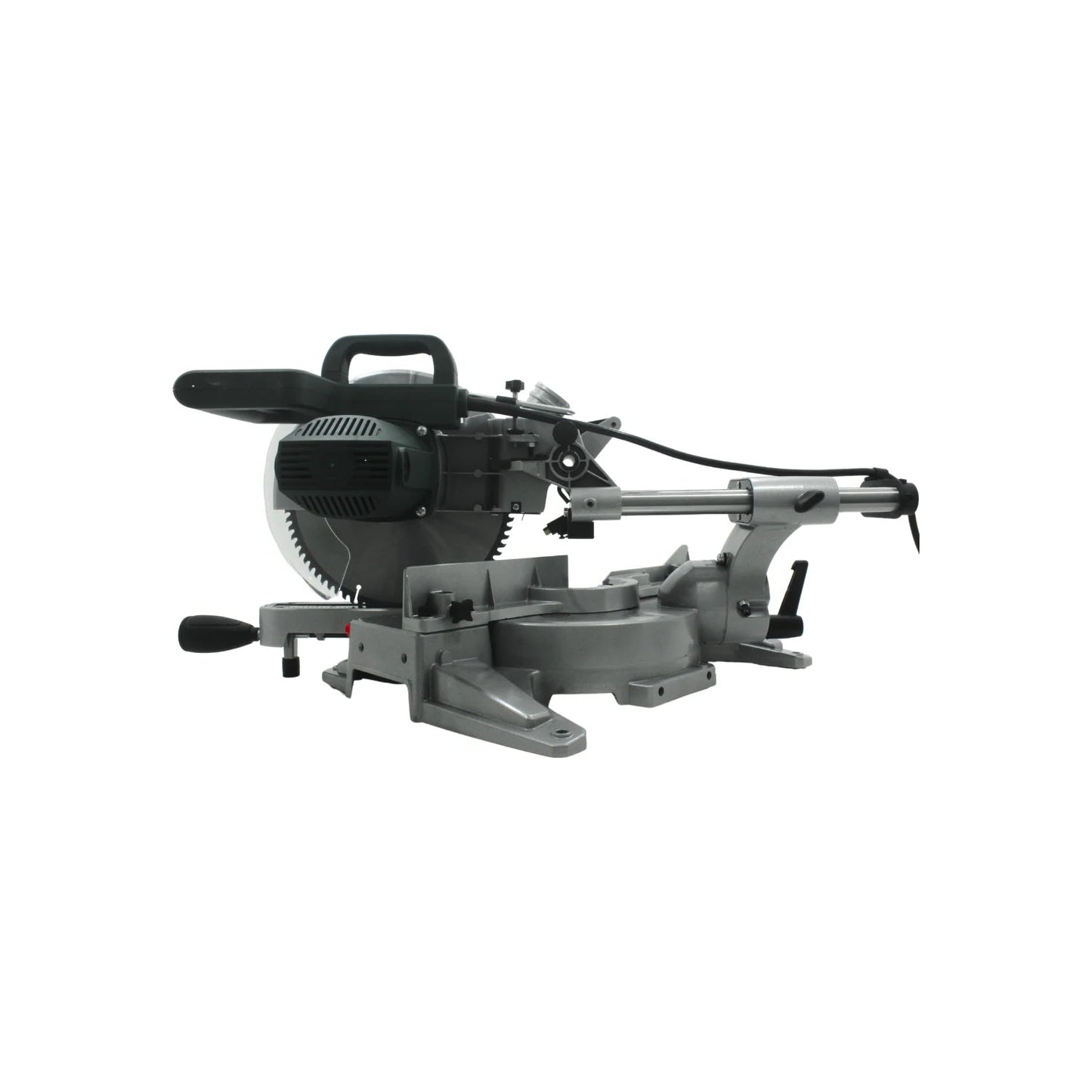 Sierra ingletadora radial gris, con disco de corte, base ajustable para ángulos y brazo deslizante.