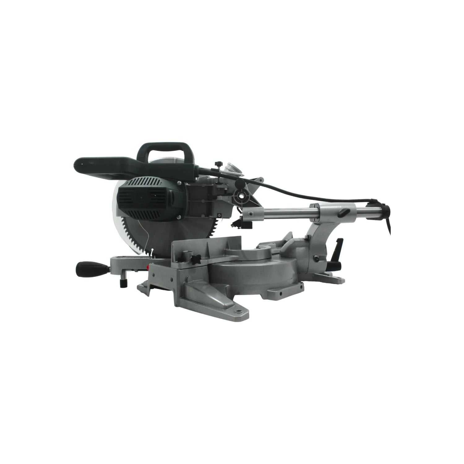 Sierra ingletadora radial gris, con disco de corte, base ajustable para ángulos y brazo deslizante.