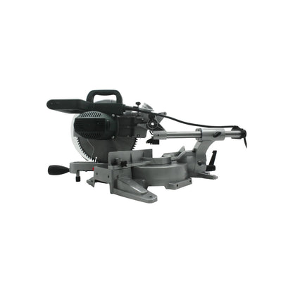 Sierra ingletadora radial gris, con disco de corte, base ajustable para ángulos y brazo deslizante.