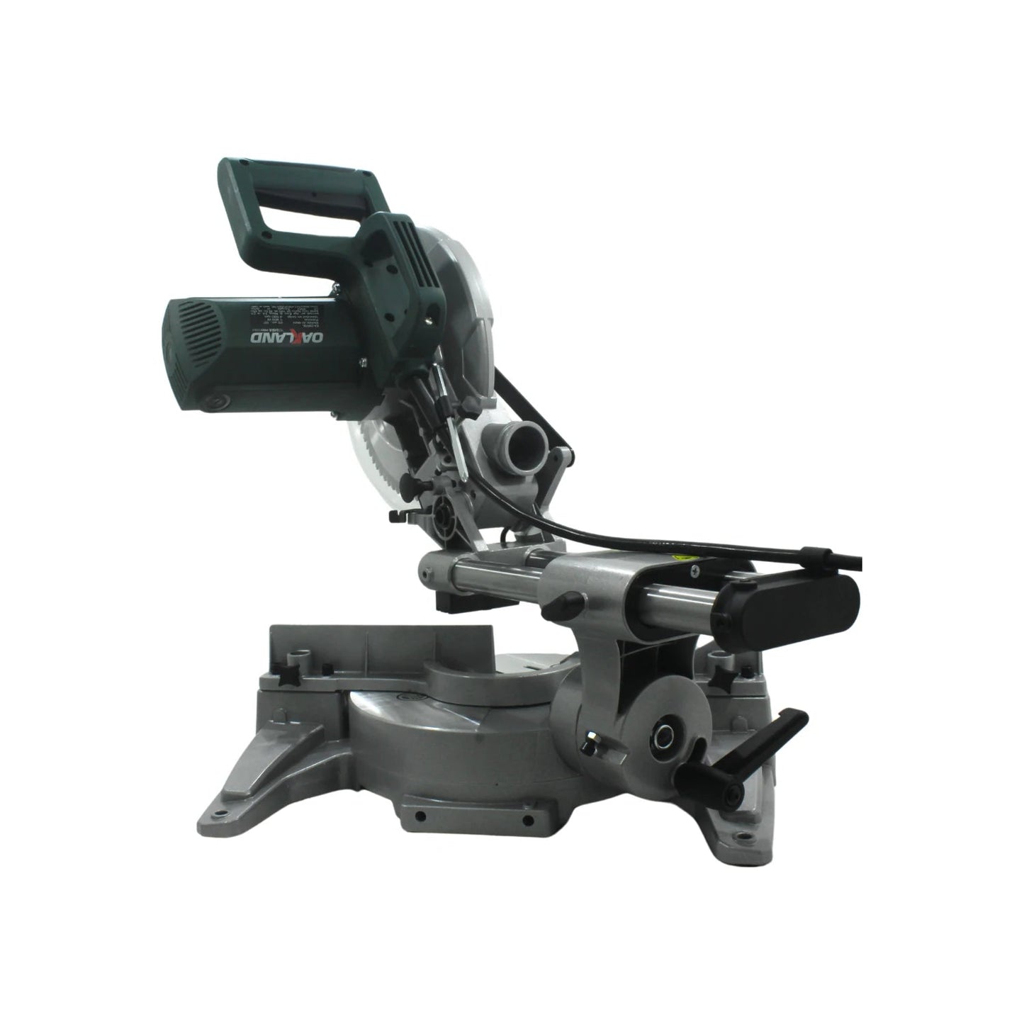 Sierra ingletadora radial deslizante gris con motor y mango verde, para cortes de madera y carpintería.