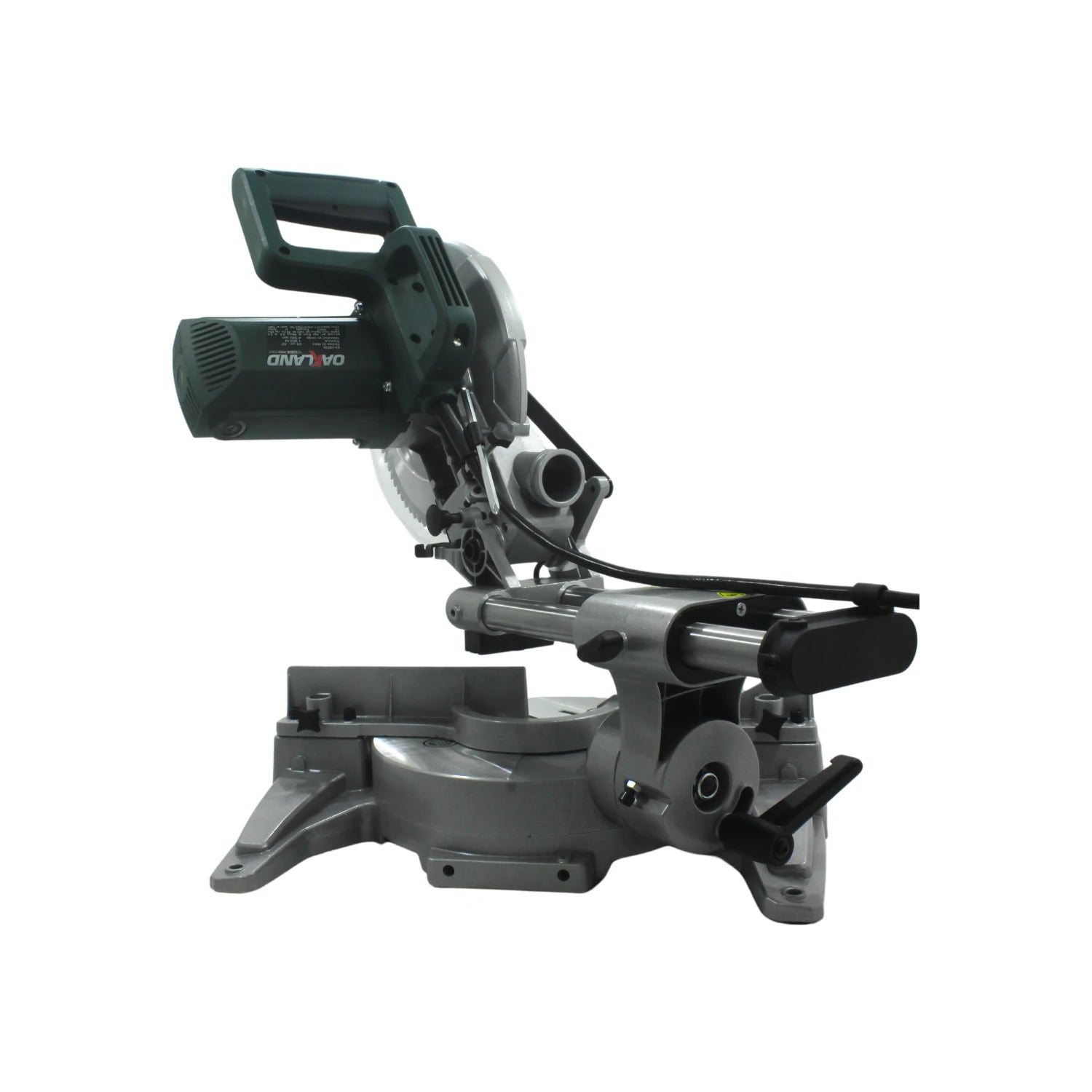 Sierra ingletadora radial deslizante gris con motor y mango verde, para cortes de madera y carpintería.