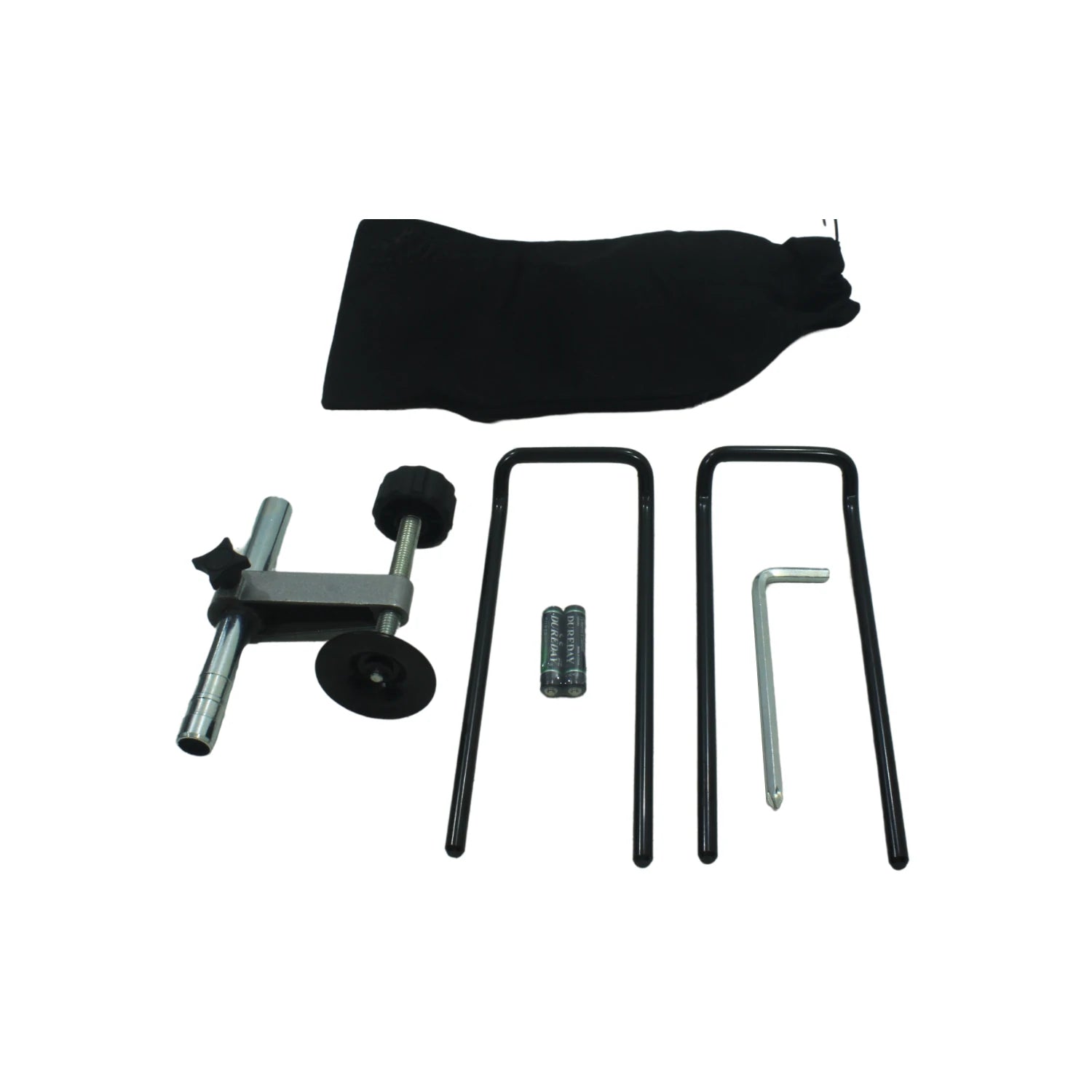 Conjunto de accesorios: abrazadera, soportes negros, pilas Duracell, llave Allen, destornillador y bolsa