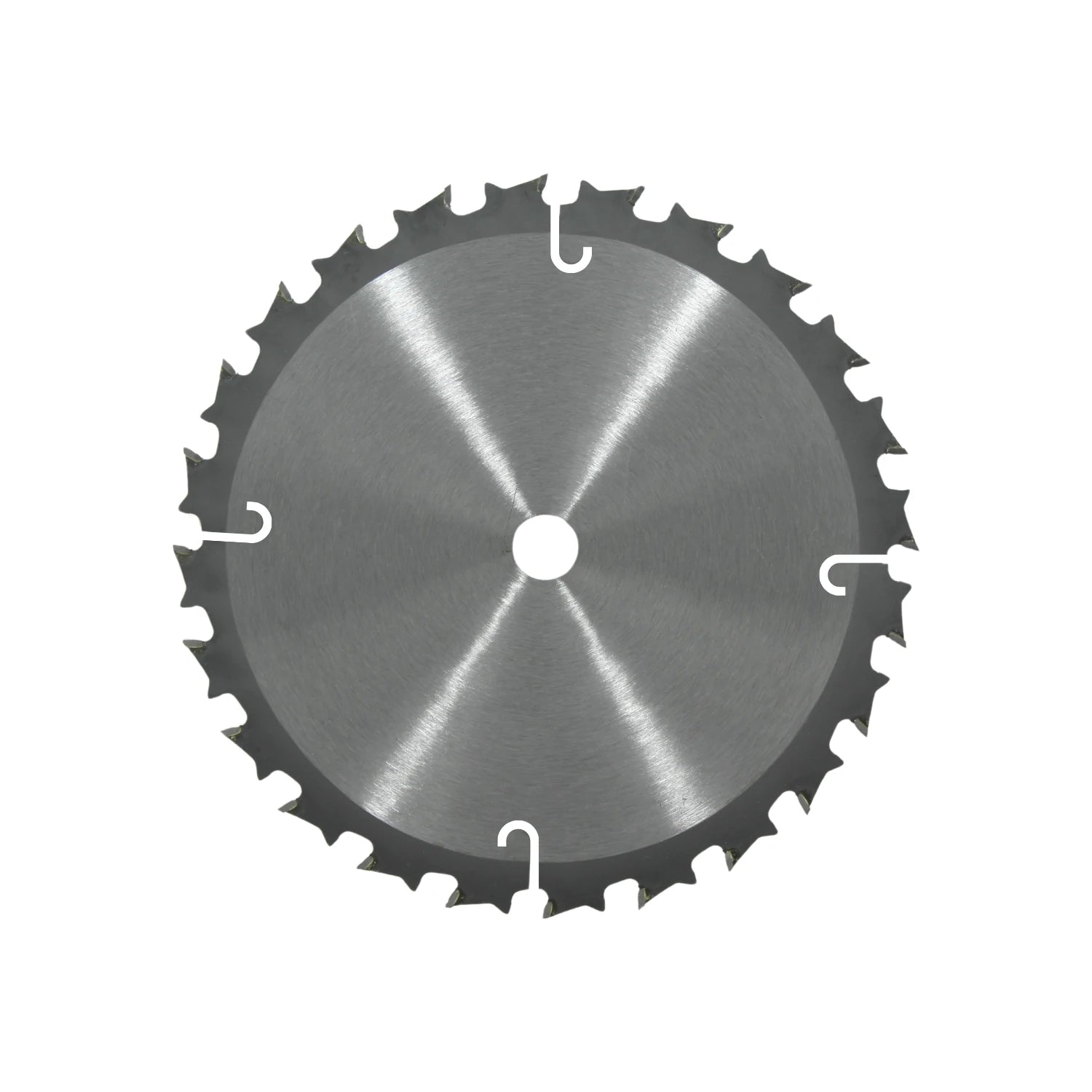 Disco de sierra circular de metal con dientes afilados y ranuras, para cortes precisos en madera y otros materiales.