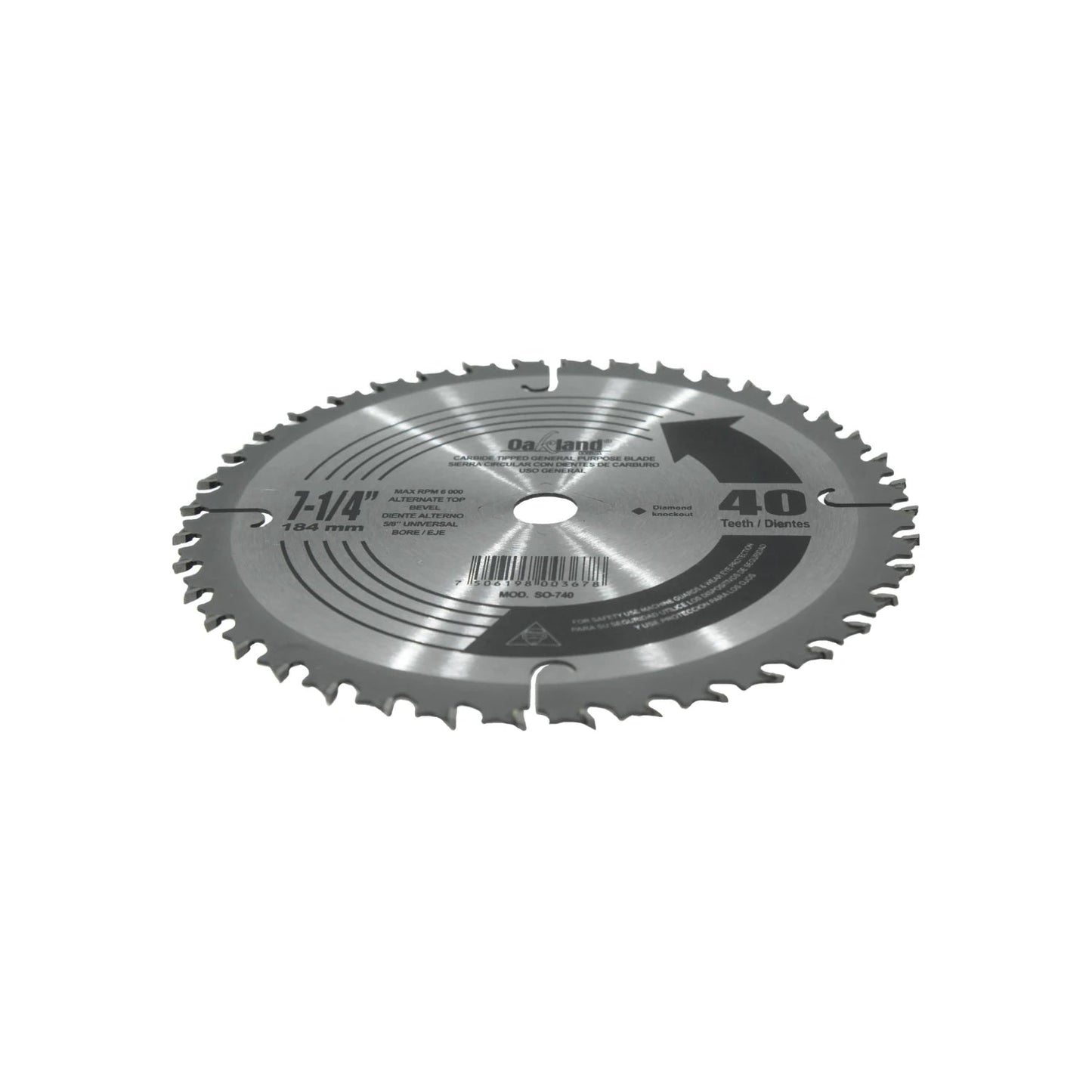 Disco sierra circular Oakland 7-1/4" (184mm) 40 dientes de carburo con eje 5/8" para cortes de uso general.