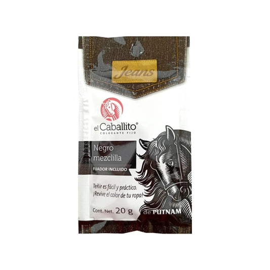 Colorante negro para ropa El Caballito 20g, ideal para mezclilla y jeans, con fijador incluido.