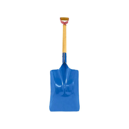 Pala cuadrada azul con mango de madera y puño en D, ideal para jardinería y construcción