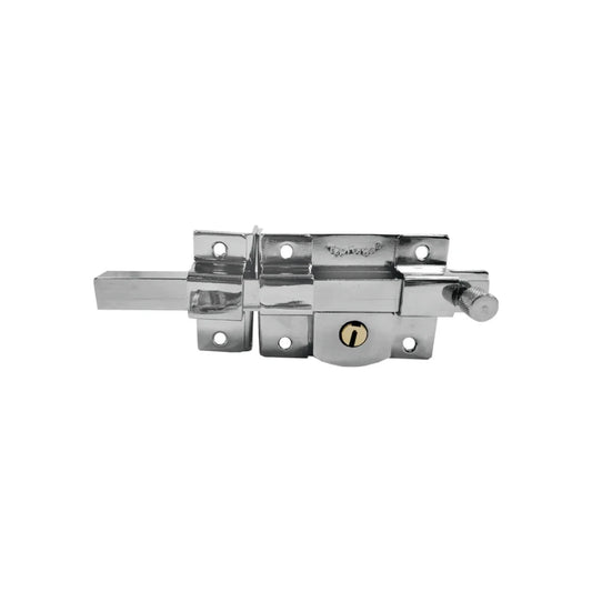 Chapa de barra fija.,Cilindro de latón solido.,5 pernos de seguridad y seguro de botón.,Funciona con llave exterior y barra libre al girar la llave.,Ideal para puertas abatibles de metal o de madera.