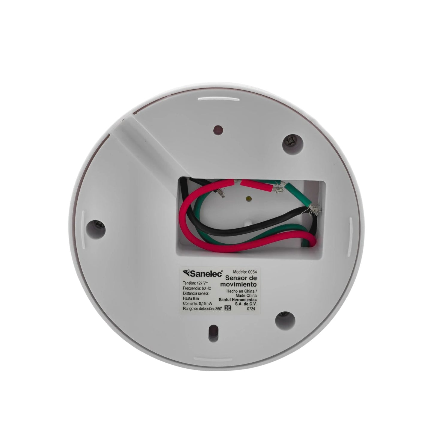 Vista trasera sensor de movimiento Sanelec 0054 blanco para techo, cables de conexión, 360 grados