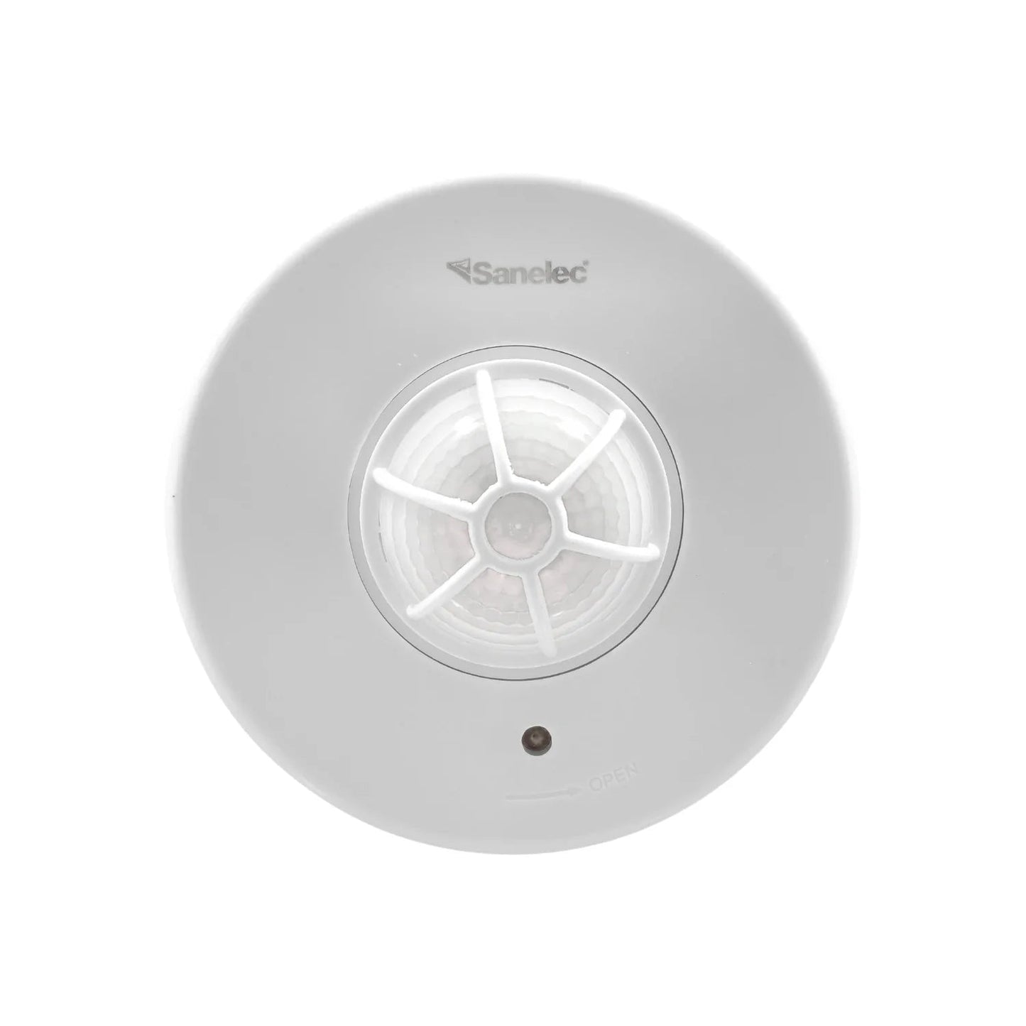 Sensor de movimiento Sanelec blanco para techo, tipo PIR, con lente multisegmento para amplia detección.