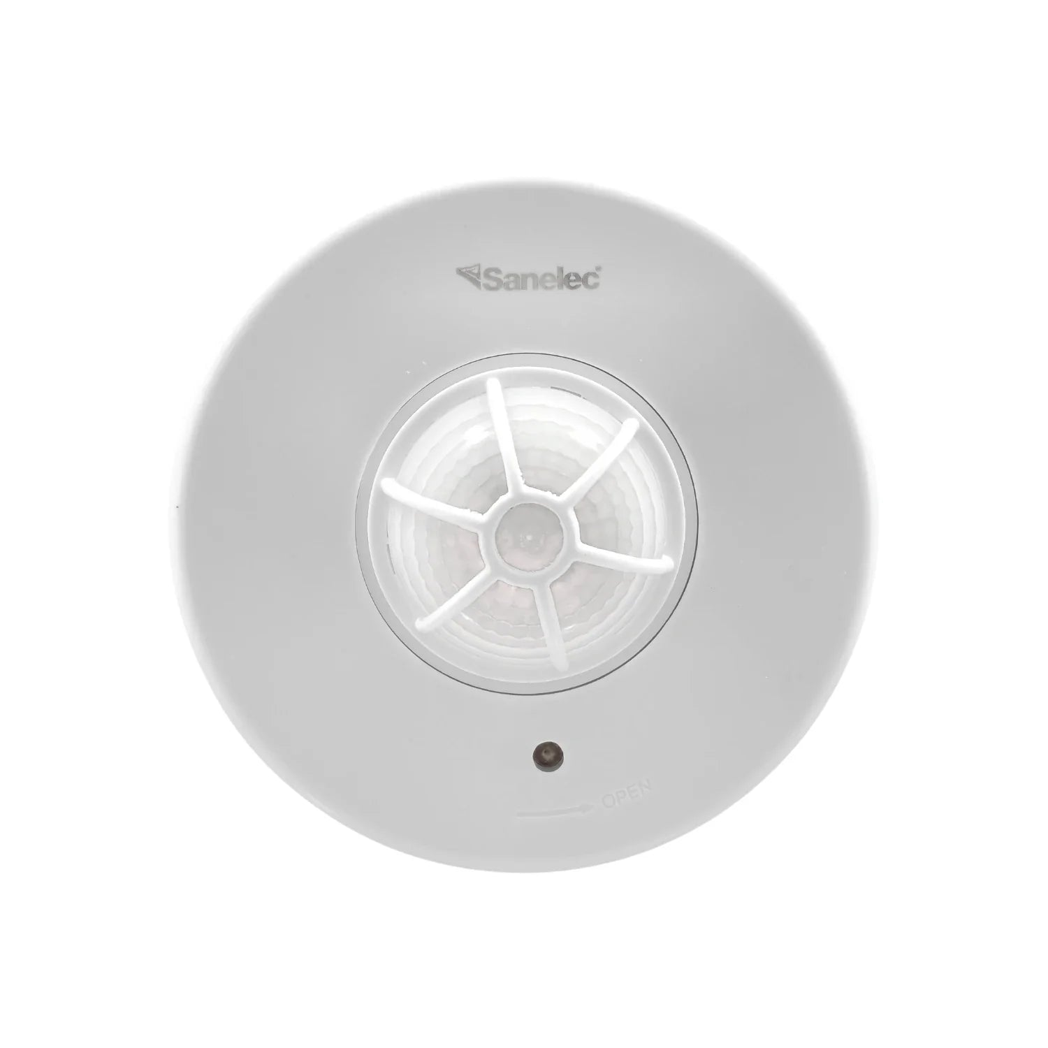 Sensor de movimiento Sanelec blanco para techo, tipo PIR, con lente multisegmento para amplia detección.