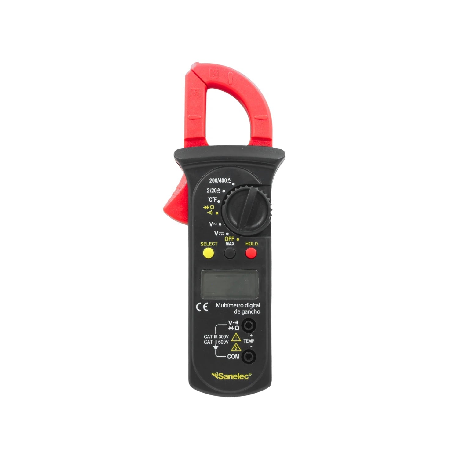 Pinza amperimétrica digital Sanelec negra/roja, multímetro de gancho para mediciones A/V/Ω/Temp.