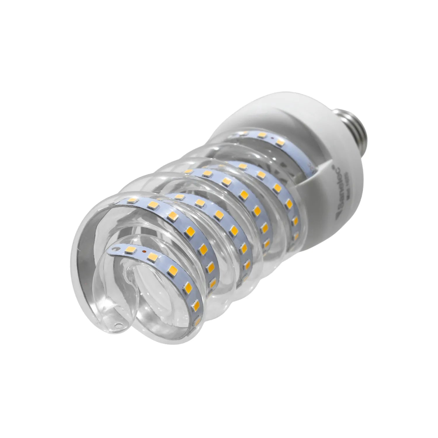 Foco LED espiral Sanelec con chips SMD visibles en tubo transparente y base de rosca para ahorro de energía