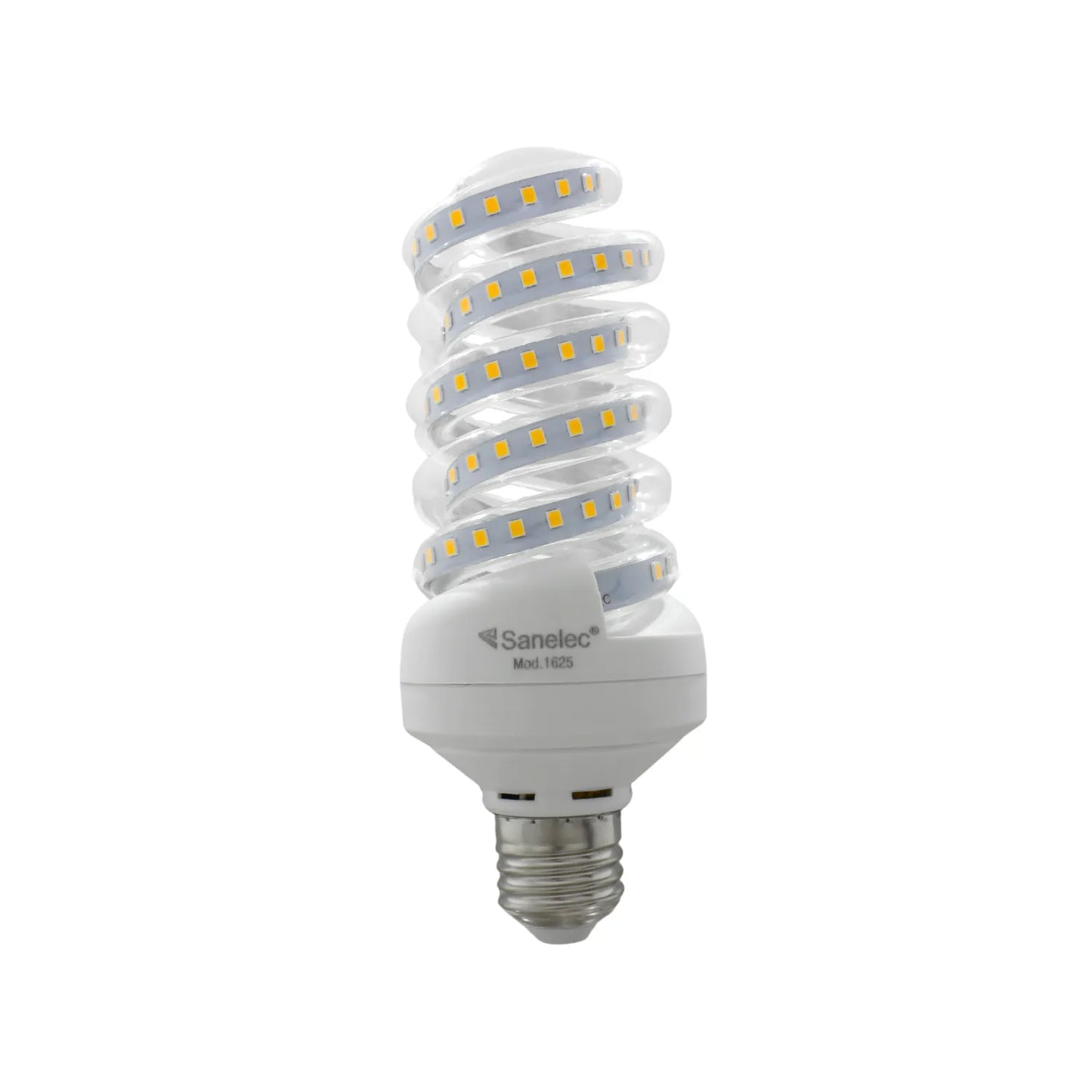 Foco LED espiral Sanelec 1625 con base E27 para iluminación eficiente y ahorro de energía en interiores.