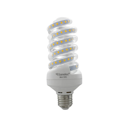 Foco LED espiral Sanelec 1625 con base E27 para iluminación eficiente y ahorro de energía en interiores.