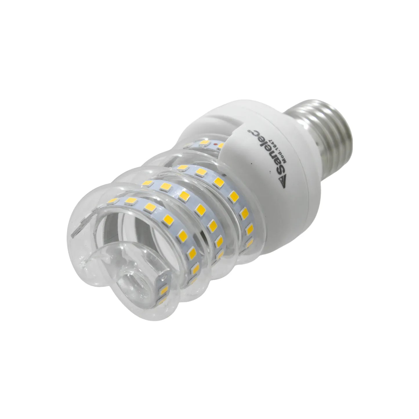 Foco LED espiral Sanelec Mod. 1647 transparente de bajo consumo con base blanca para iluminación de interiores.