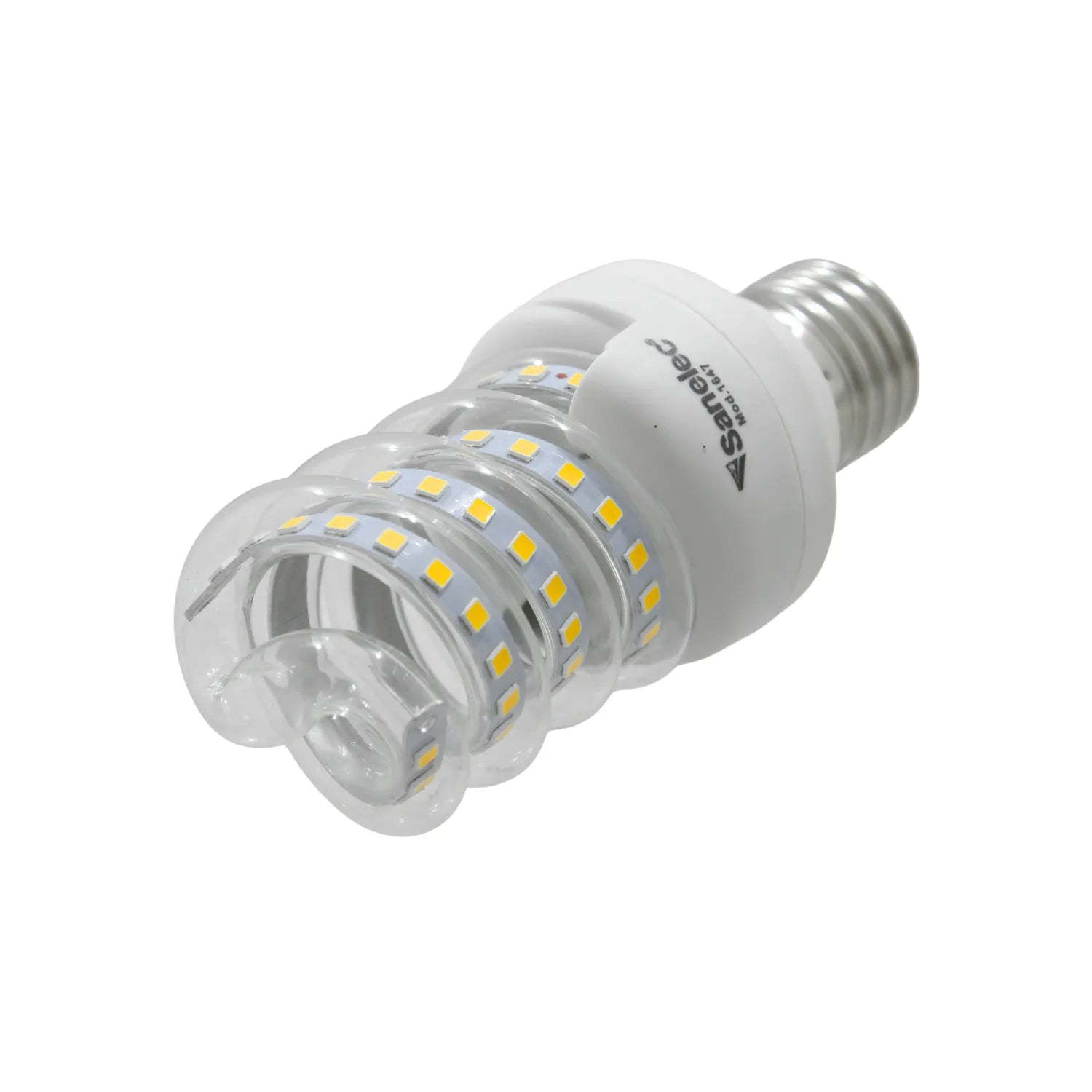 Foco LED espiral Sanelec Mod. 1647 transparente de bajo consumo con base blanca para iluminación de interiores.
