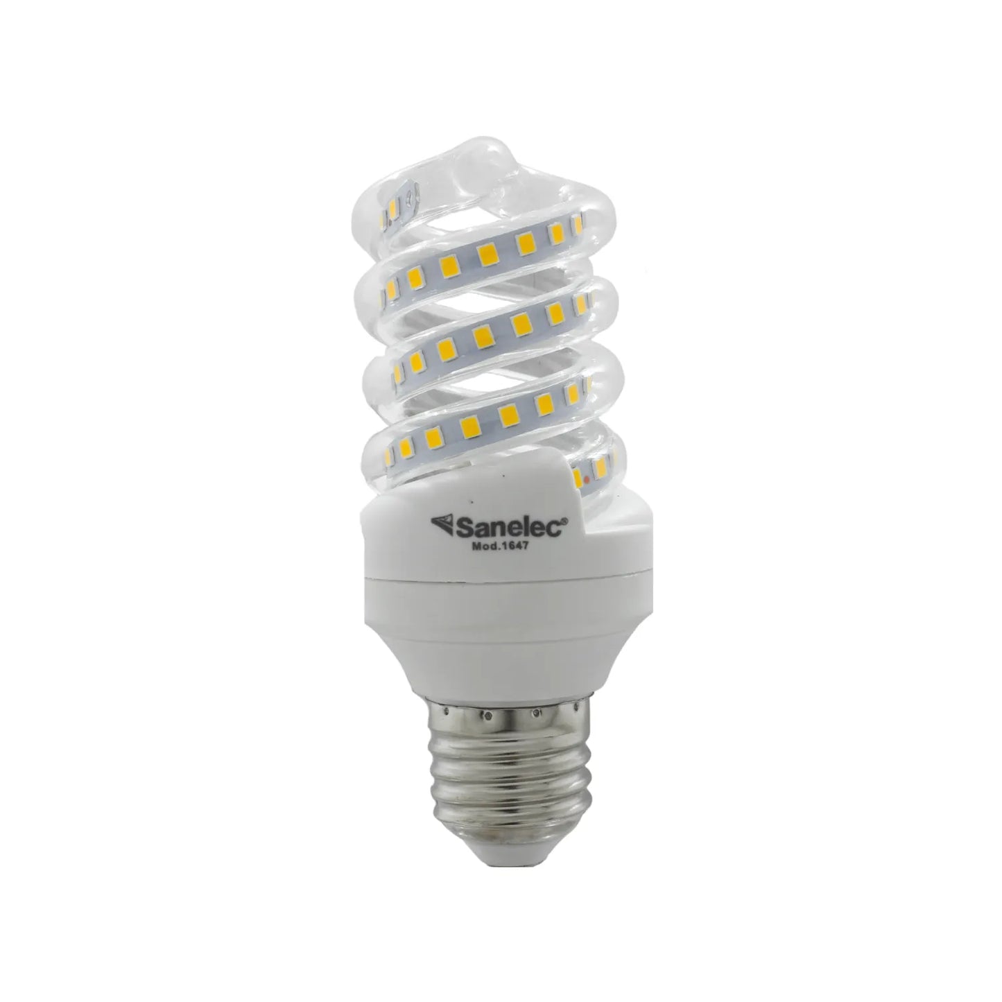 Foco LED espiral Sanelec 1647 base E27 transparente para iluminación de alta eficiencia energética.